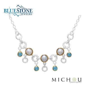 Bluestone Jewelry, Silver and Gold Necklace with Pearls and Topaz