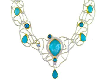 Bluestone Jewelry, Silver & Gold Necklace with Mother of Pearl, Topaz & Amazonite