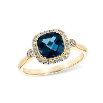 Bluestone Jewelry, 14 Karat Yellow Gold Ring with a London Blue Topaz and Diamonds