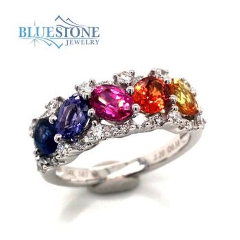 Bluestone Jewelry, 14K White Gold Multi-Colored Sapphire & Diamond Ring
