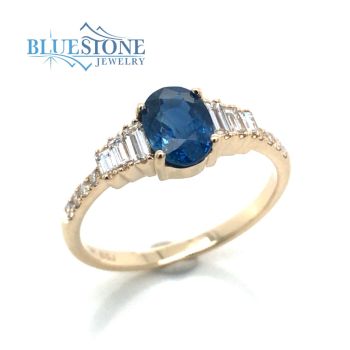 Bluestone Jewelry, 14kt Yellow Gold Ring with Sapphire and Diamonds- 6.75