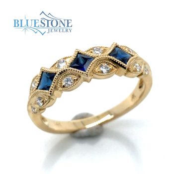 Bluestone Jewelry, 14K Yellow Gold Ring w/Sapphires and Diamonds- Size 7