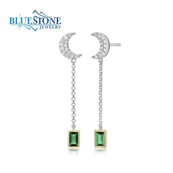 Bluestone Jewelry, Silver Half Moon Earrings with Green CZs