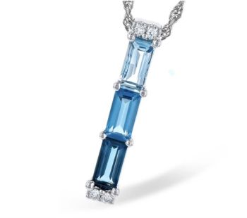 Bluestone Jewelry, 14KWG Baguette Blue Topaz Pendant with Diamonds