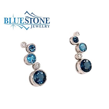 Bluestone Jewelry, 14 Karat White Gold Blue Topaz and Diamond Earrings