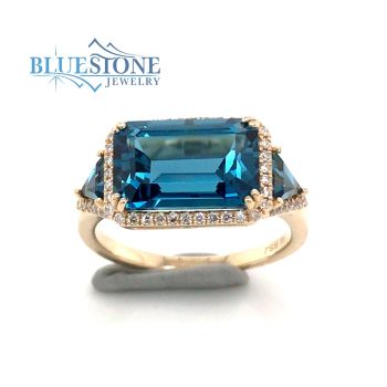 Bluestone Jewelry, 14 Karat Yellow Gold Ring with a London Blue Topaz and Diamonds