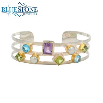 Bluestone Jewelry, Silver & Gold Bracelet with Amethyst, Pearls, Topaz and Peridot