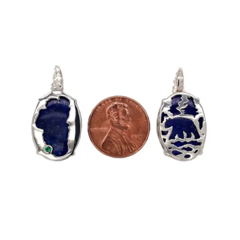 Bluestone Jewelry, Large Silver Lapis Lake Tahoe Reversible Bear Pendant
