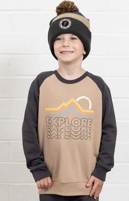 Jack + Emmy, Tiny Whales - Exlpore French Terry Raglan Sweatshirt - Clay/Vintage Black